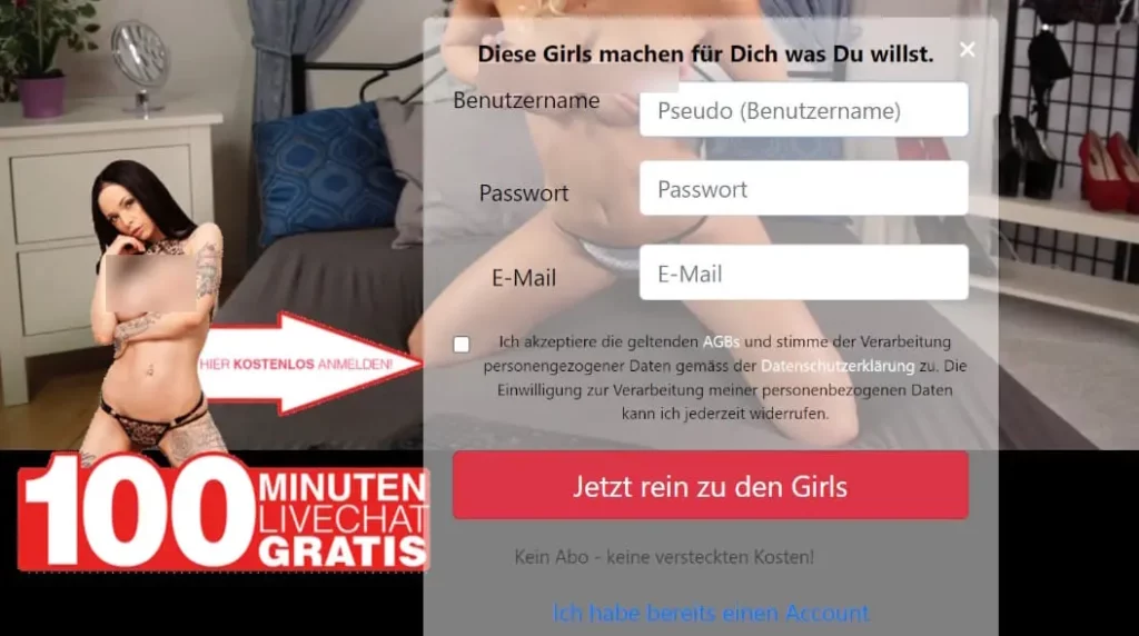 Livestrip Anmeldeformular für 100 Minuten gratis