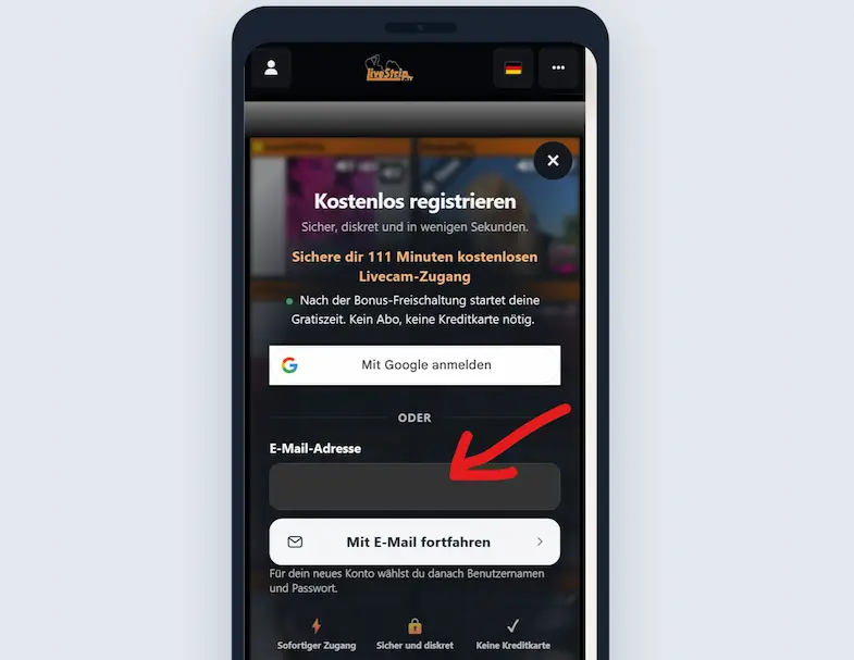 Livestrip-Angebotsseite mit 111 Gratisminuten